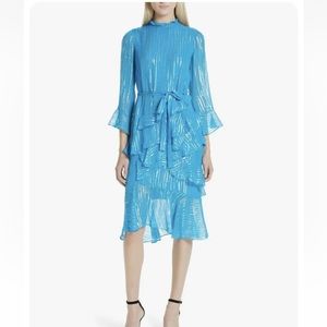 SALONI Turquoise Blue Metallic MARISSA Waist Tie Ruffle Silk Midi Dress 4US 8UK